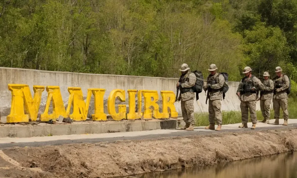 Engaged US Army Corps of Engineers personnel collaborate with hydrologists for riverside dam construction