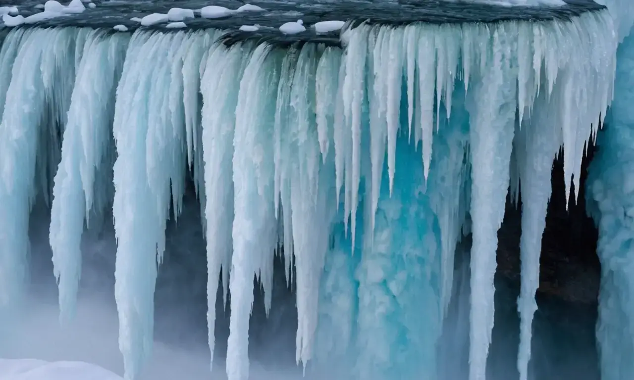Icicles adorn frozen Niagara Falls, highlighting the grandeur of crashing waters