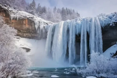 A Canadian winter wonderland displays frosted beauty amidst waterfalls and frozen blossoms