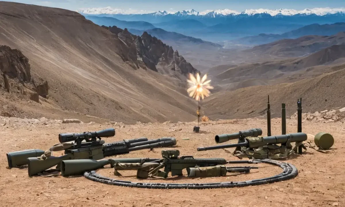 Mountain ranges frame imagery comparing antipersonnel mine blasts and their effects