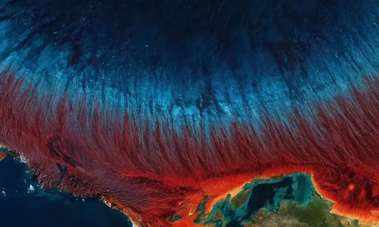 Geological processes linked to Earths magnetic field are visible across shades of blue and red